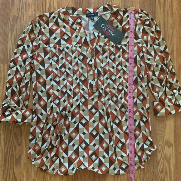 COCOMO Medium Brown Orange White 3/4 sleeve women's Pintuck Blouse top shirt - Picture 12 of 16